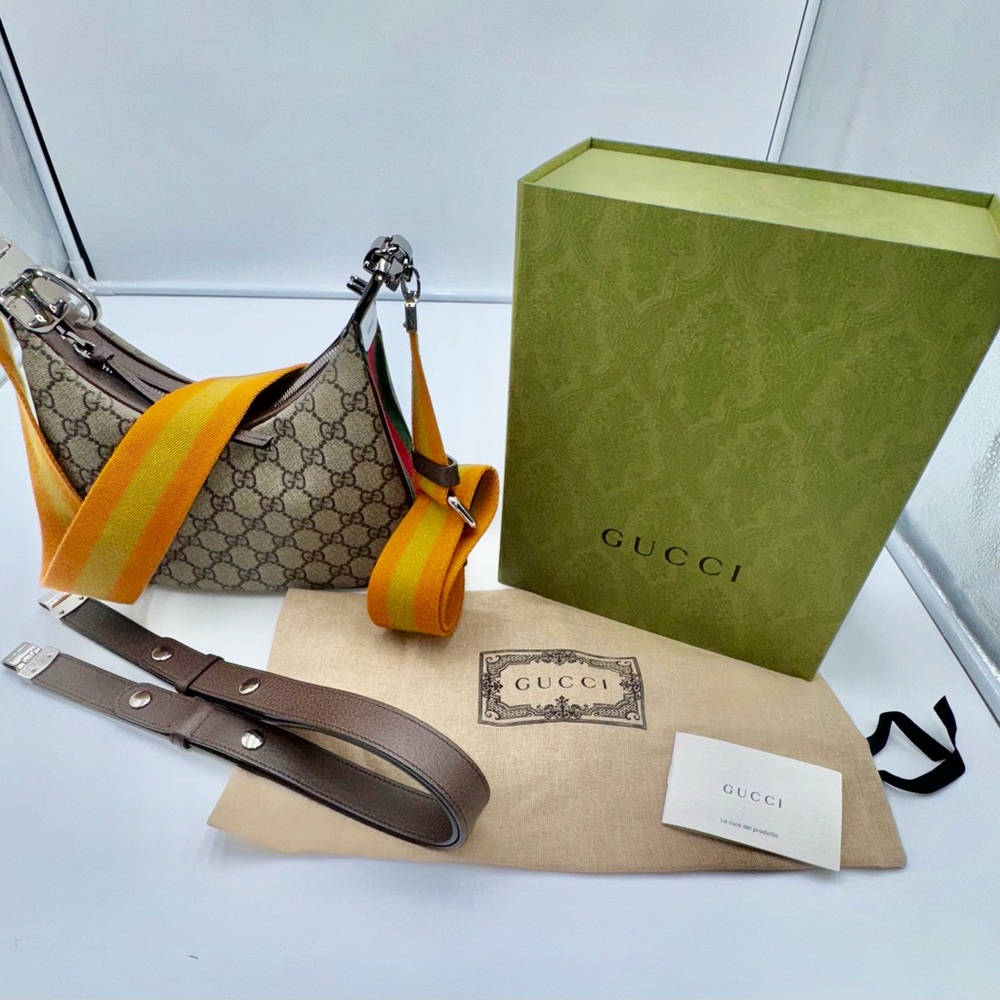Gucci GG Monogrammed Textured Calfskin Small Shoulder Bag Beige Ebony New Acero